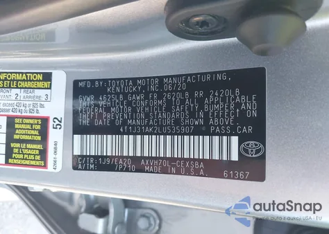 2020 Toyota Camry Se Hybrid z USA, uszkodzony, nr VIN 4T1J31AK2LU535907